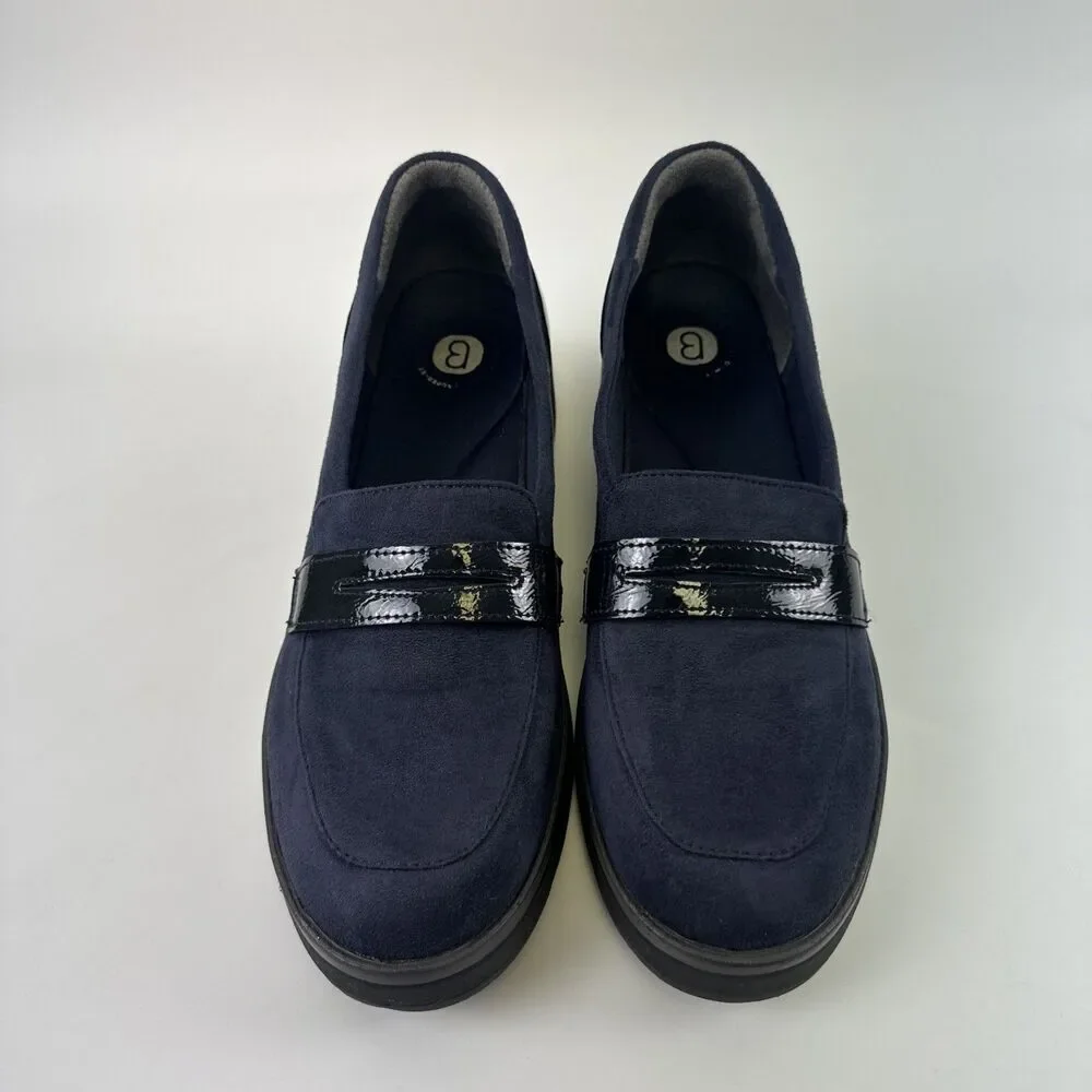 Bzees Fast‎ Track Platform Loafer Navy Blue Faux Suede Wedge Slip On Womens 10